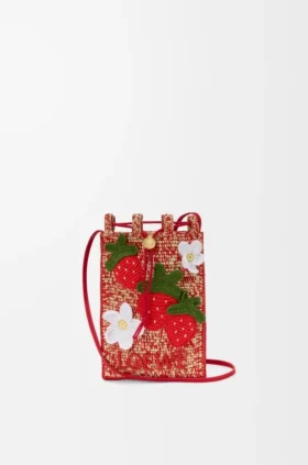 Aardbeienzakje met trekkoord van klassiek kalfsleer en raffia