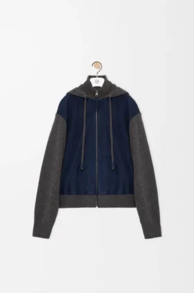 Hybride hoodie met ritssluiting van suède geitenleer en wolmix