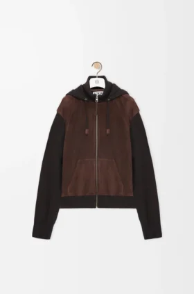 Hybride hoodie met ritssluiting van suède geitenleer en wolmix