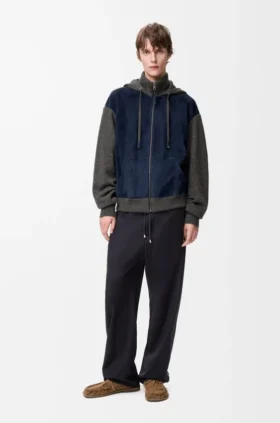 Hybride hoodie met ritssluiting van suède geitenleer en wolmix