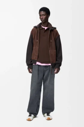 Hybride hoodie met ritssluiting van suède geitenleer en wolmix