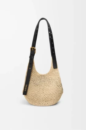 Kleine Punch Hole Hobo van raffia en kalfsleer