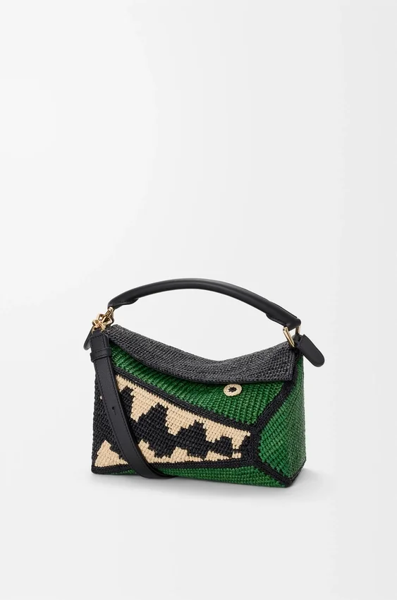 Kleine Puzzle Edge-tas van raffia en kalfsleer Kleine Puzzle Edge-tas van raffia en kalfsleer