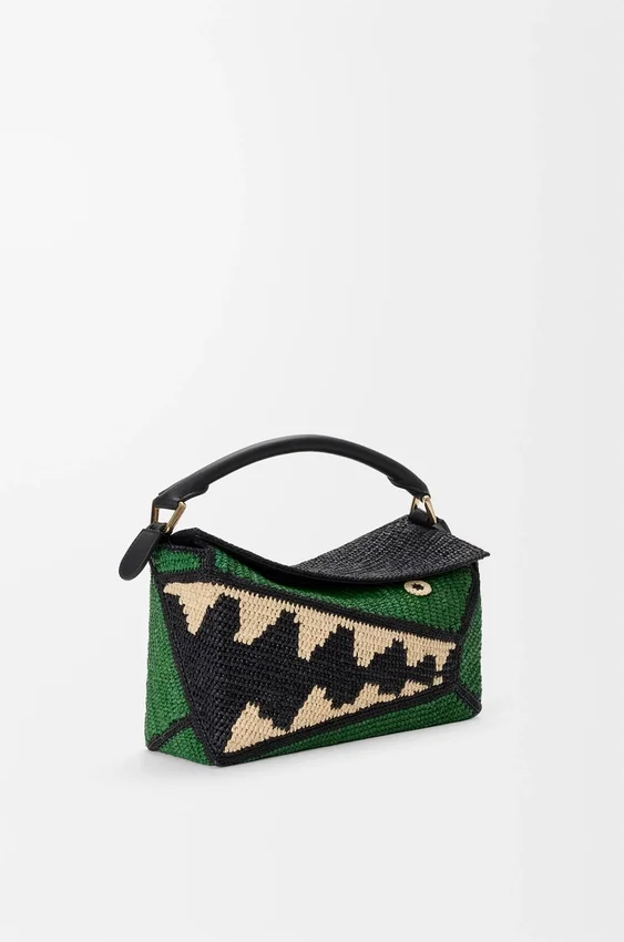 Kleine Puzzle Edge-tas van raffia en kalfsleer Kleine Puzzle Edge-tas van raffia en kalfsleer