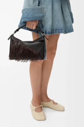 Kleine Puzzle-tas met franjes van klassiek kalfsleer
