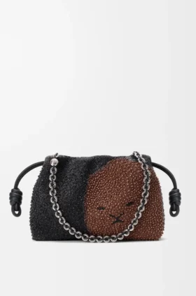 Medium Flamenco Purse met leeuwenkralen van canvas met kralen en kalfsleer