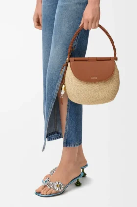 Medium Pescador-tas van raffia en kalfsleer