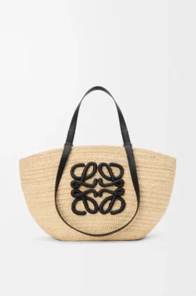 Middelgrote Eclipse-mand van raffia en kalfsleer