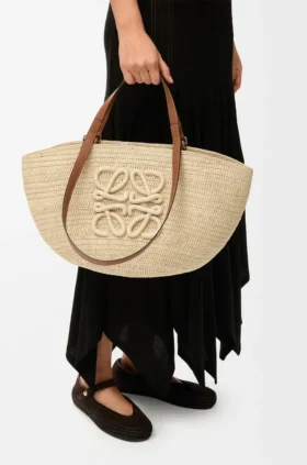 Middelgrote Eclipse-mand van raffia en kalfsleer