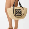 Middelgrote Eclipse-mand van raffia en kalfsleer