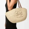 Middelgrote Eclipse-mand van raffia en kalfsleer