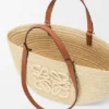 Middelgrote Eclipse-mand van raffia en kalfsleer