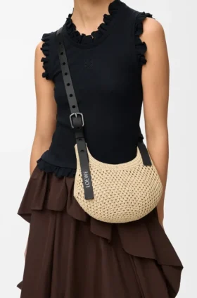 Mini Punch Hole Hobo van raffia en kalfsleer