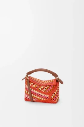 Mini Puzzle Edge-tas van raffia en kalfsleer